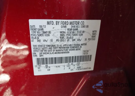 2013 Ford Edge Sel из США, поврежденный, VIN 2FMDK3JC4DBA89559